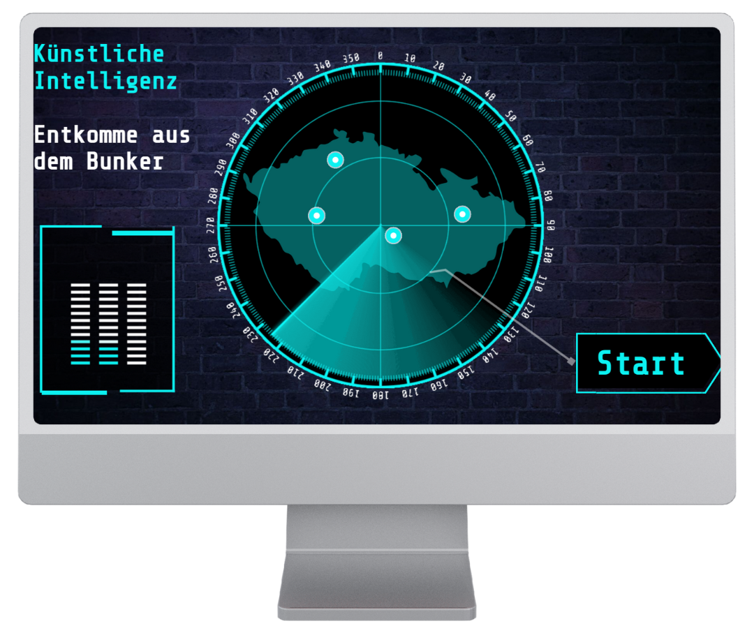 Mockup des Startscreens zum Lernmodul "Künstliche Intelligenz - Enkomme aus dem Bunker"