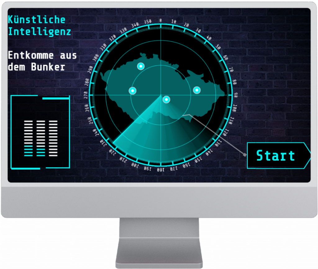 Escape-Room Lernmodul Mockup des Startscreens zum Lernmodul "Künstliche Intelligenz - Entkomme aus dem Bunker"